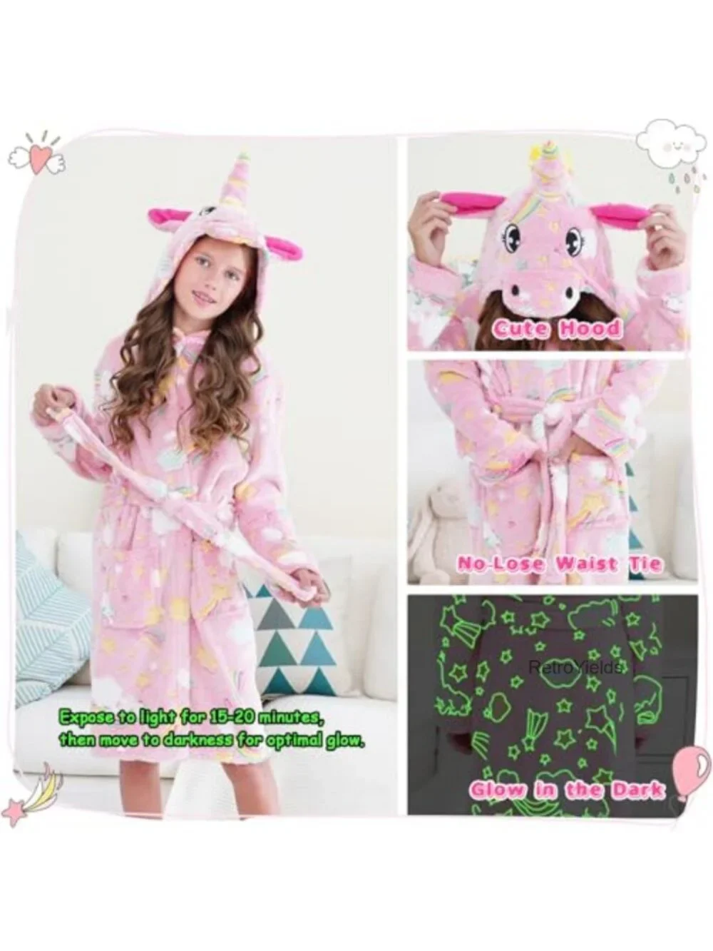 Girls Glow in Dark Unicorn Robe Ultra-Soft Hooded Bathrobe Flannel Ages 5-10